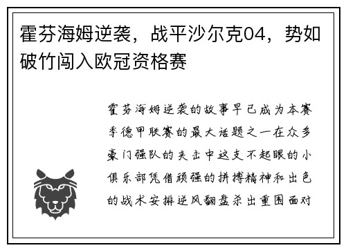霍芬海姆逆袭，战平沙尔克04，势如破竹闯入欧冠资格赛